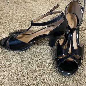 Merona black leather, open toe pumps.